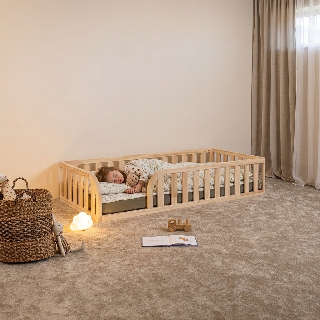 A child is sleeping in a light natural wood toddler bed with safety rails, styled in a cozy, minimalist nursery with beige carpet, curtains, and a woven basket.