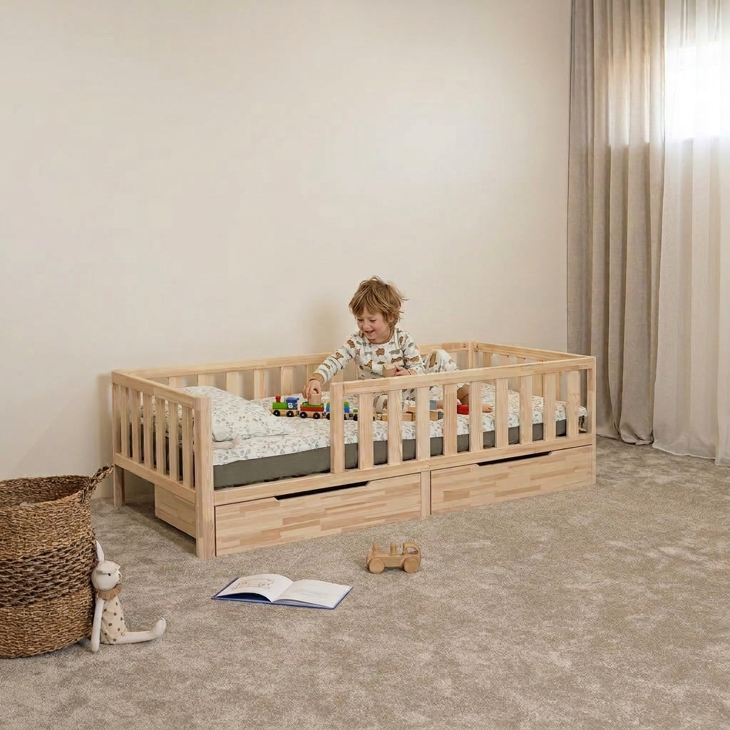 A young child sits in a light natural wood toddler bed with safety rails and under-bed storage drawers, set in a softly lit nursery with beige walls, curtains, carpet, a woven basket, and toys.